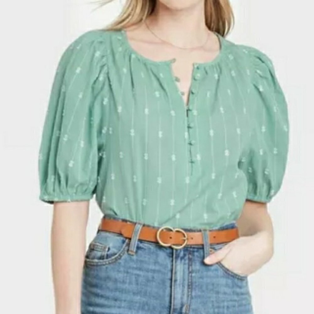Universal Thread Green Printed Short Puff Sleeve … - image 1